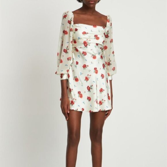 WeWoreWhat | Puff Long Sleeve Cowl Dress | Satin Floral Cross-Stitch | Size 4 - Picture 1 of 11